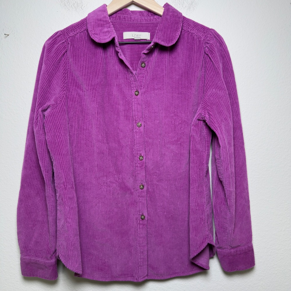 LOFT Women Cotton Corduroy Button Down Top‎ M Purple Puff Sleeve Preppy